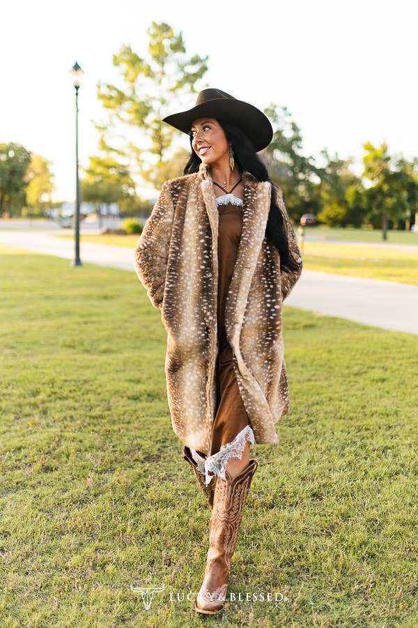 Brown Deer Faux Fur Western Longline Coat