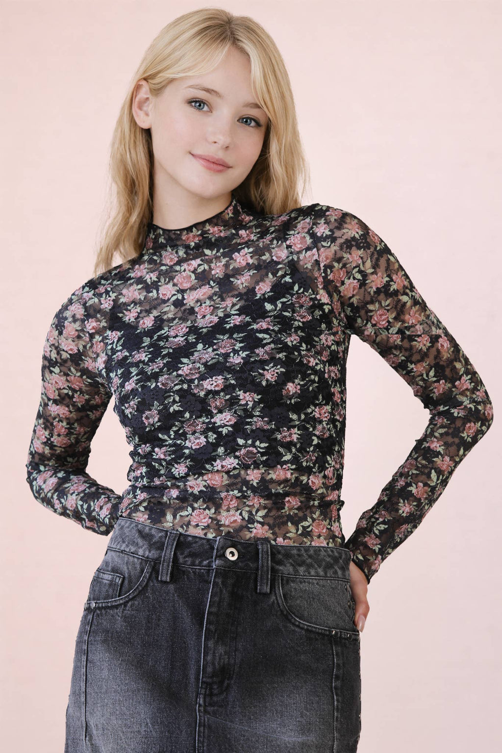 High Neck Fitted Sheer Mesh Lace Knit Top
