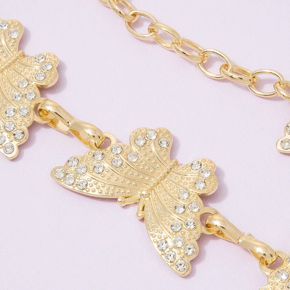 Gold Cz Rhinestone Butterfly Link Chain Belt