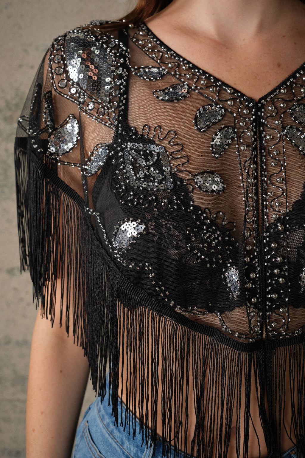 Sequin Beaded Fringe Mesh Cape