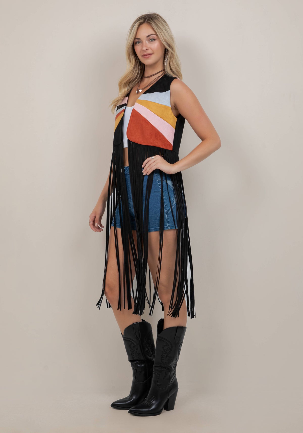 BLACK MULTI COLOR PATCH LONG FRINGE VEST