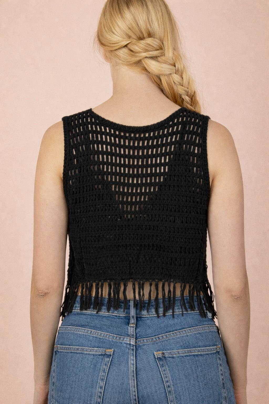 NT12528-Fringe Hem Floral Crochet Sleeveless Top