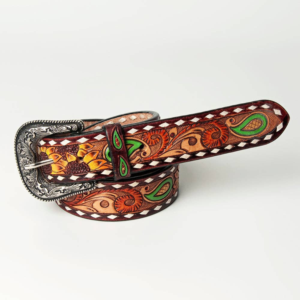 Hand-Tooled Leather Western Belt - Sunflower & Paisley Design with White Diamond Edge