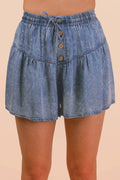Washed Chambray Button Down Flare Shorts