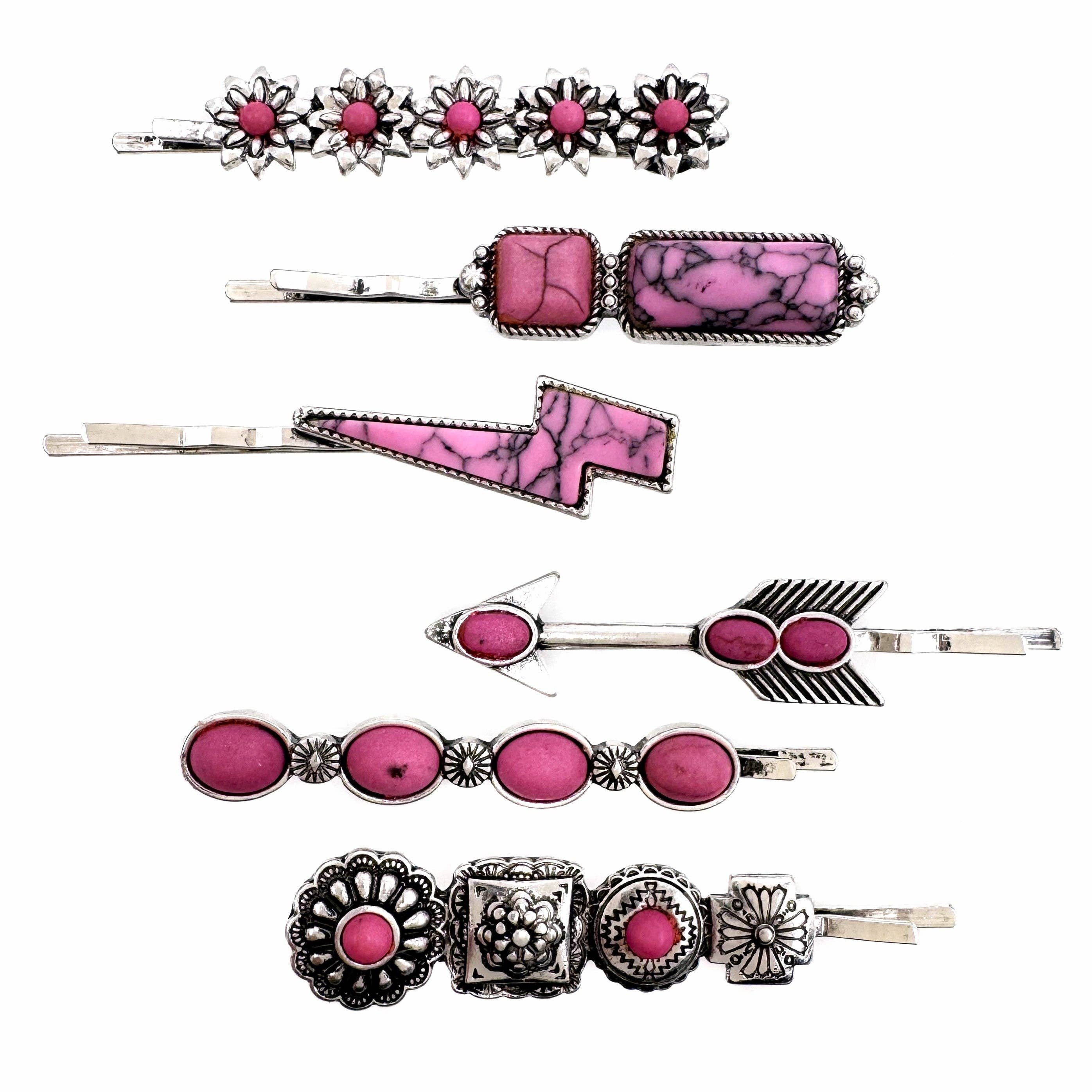 Western Icons Hair Pins with Pink Stone 6 Piece Set