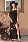 Black Corset Ruched Spaghetti Strap Front Slit Dress