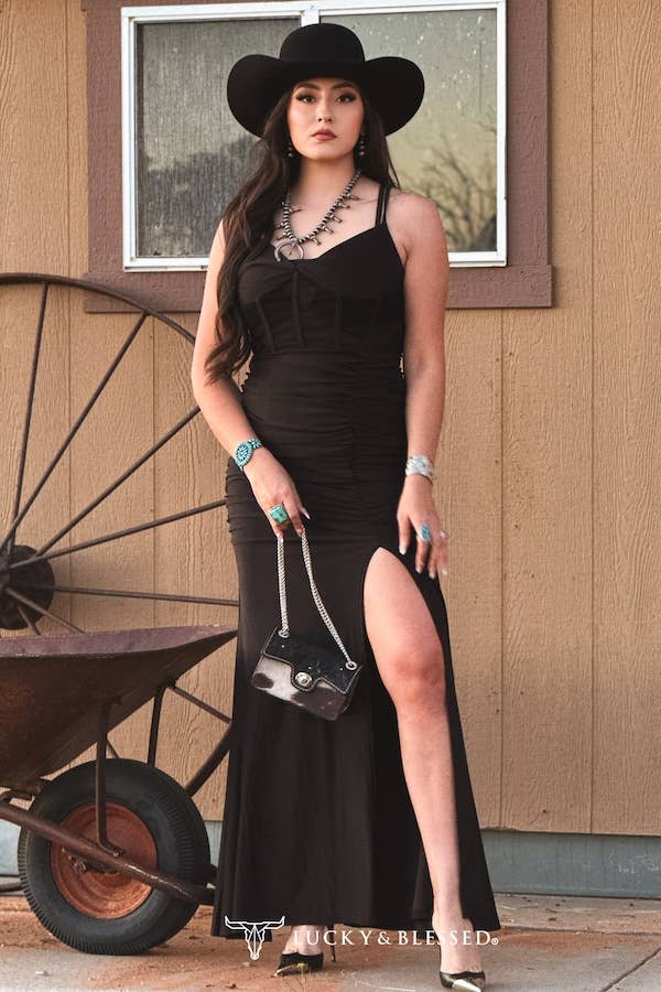 Black Corset Ruched Spaghetti Strap Front Slit Dress