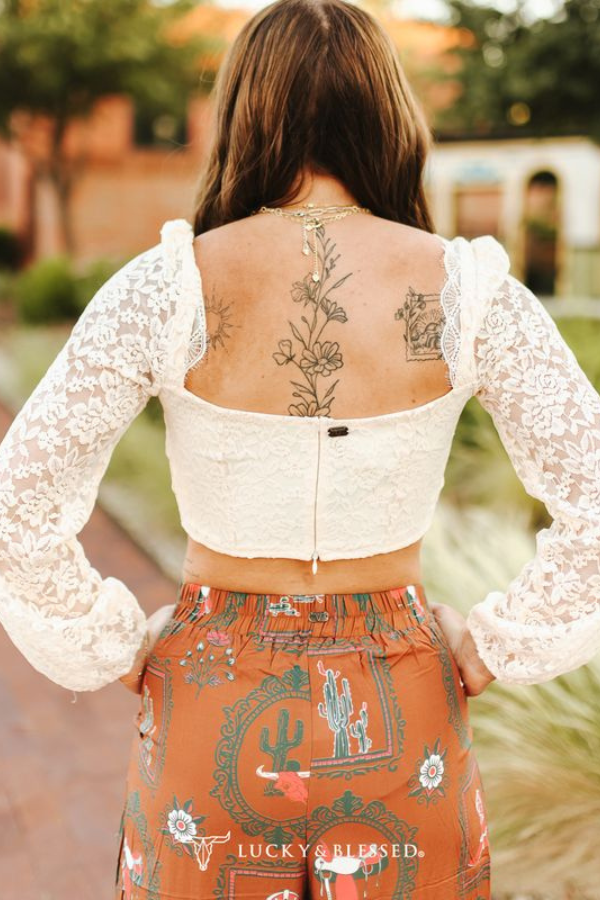 Ivory Lace Long Sleeve Gathered Wrist Crop Top