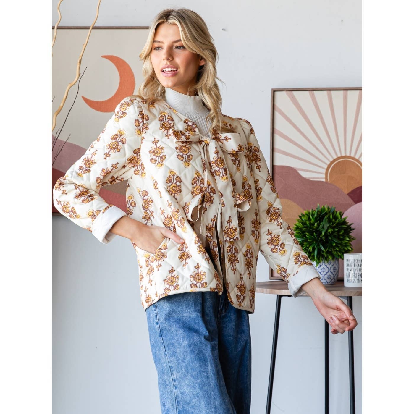 Floral Quilt Front Ribbon Jacket