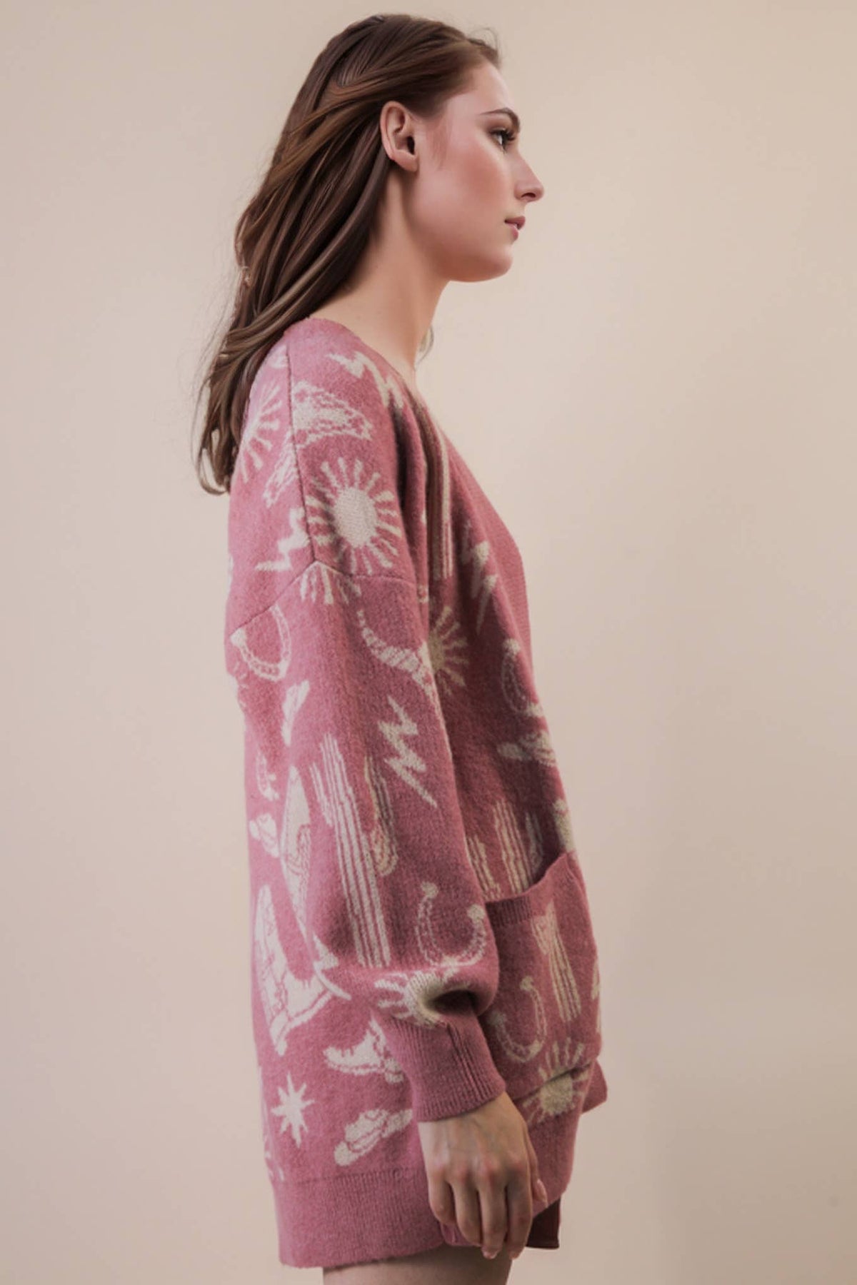 Oversized Western Graphic Knit Sweater Cardigan