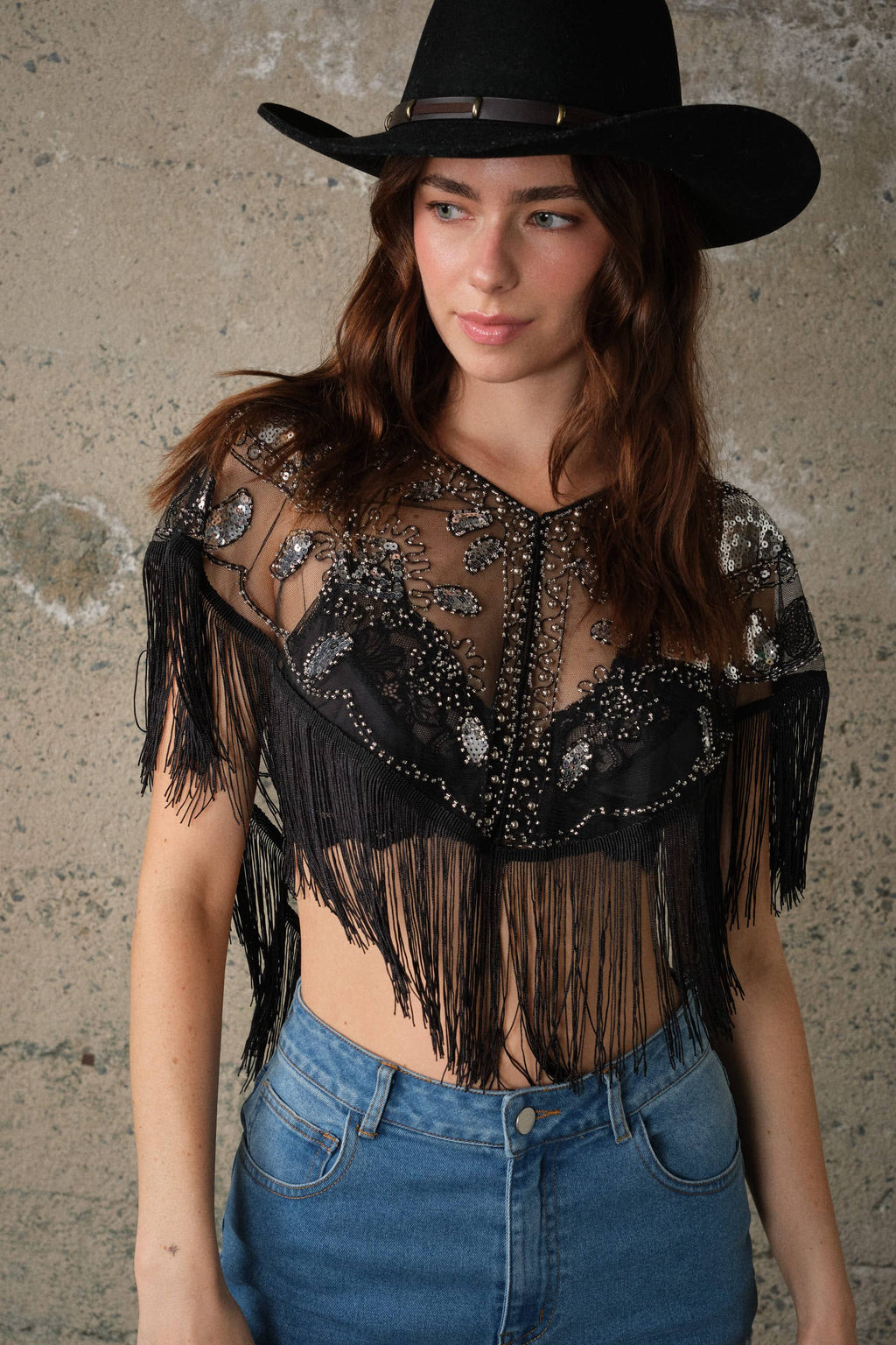Sequin Beaded Fringe Mesh Cape