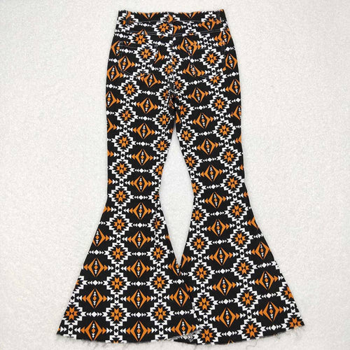 Adult Women Orange Black Aztec Denim Bell Pants Jeans