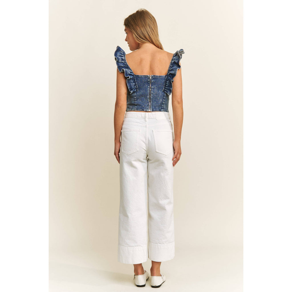 DENIM SQUARE NECK RUFFLE SLEEVES FITTED CROP TOP