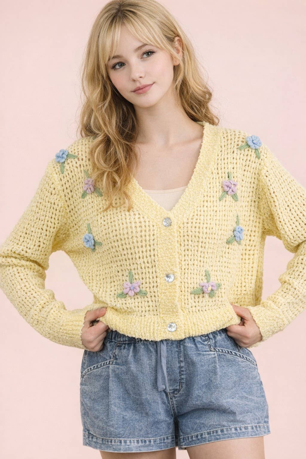 Flower Detail Button Down Knit Sweater Cardigan