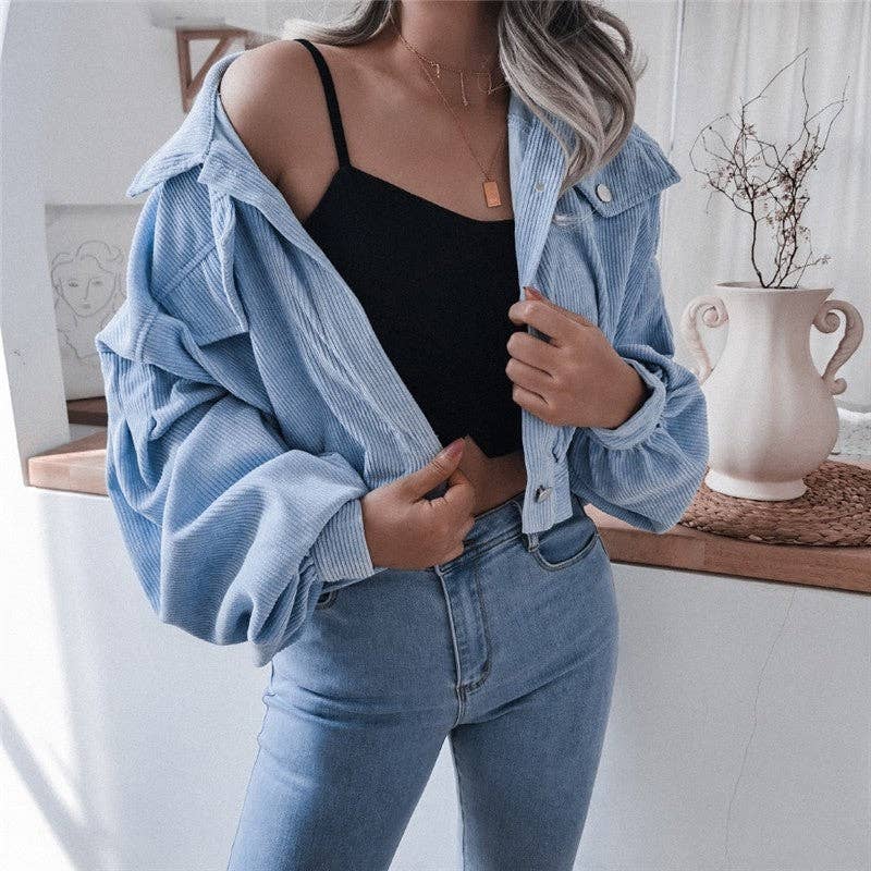 Corduroy Lantern Sleeve Casual Short Jacket