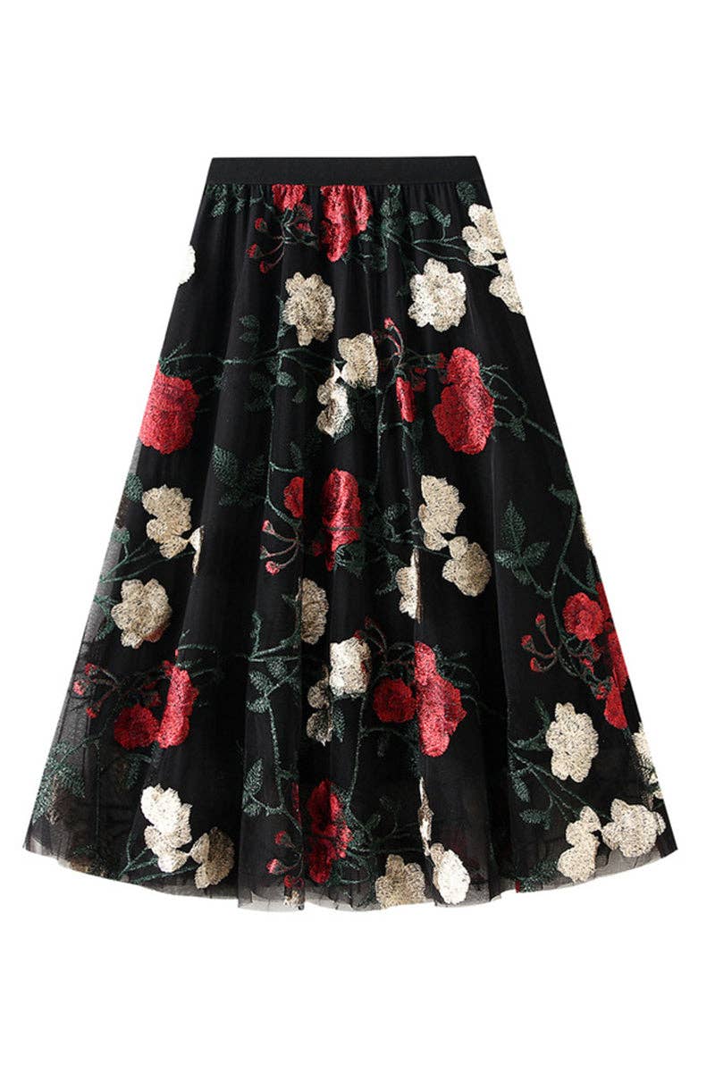 Floral Embroidered Midi Skirt