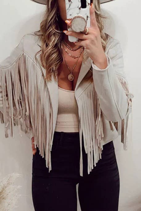 Long Sleeve Faux Suede Tassel Jacket TOPW1777