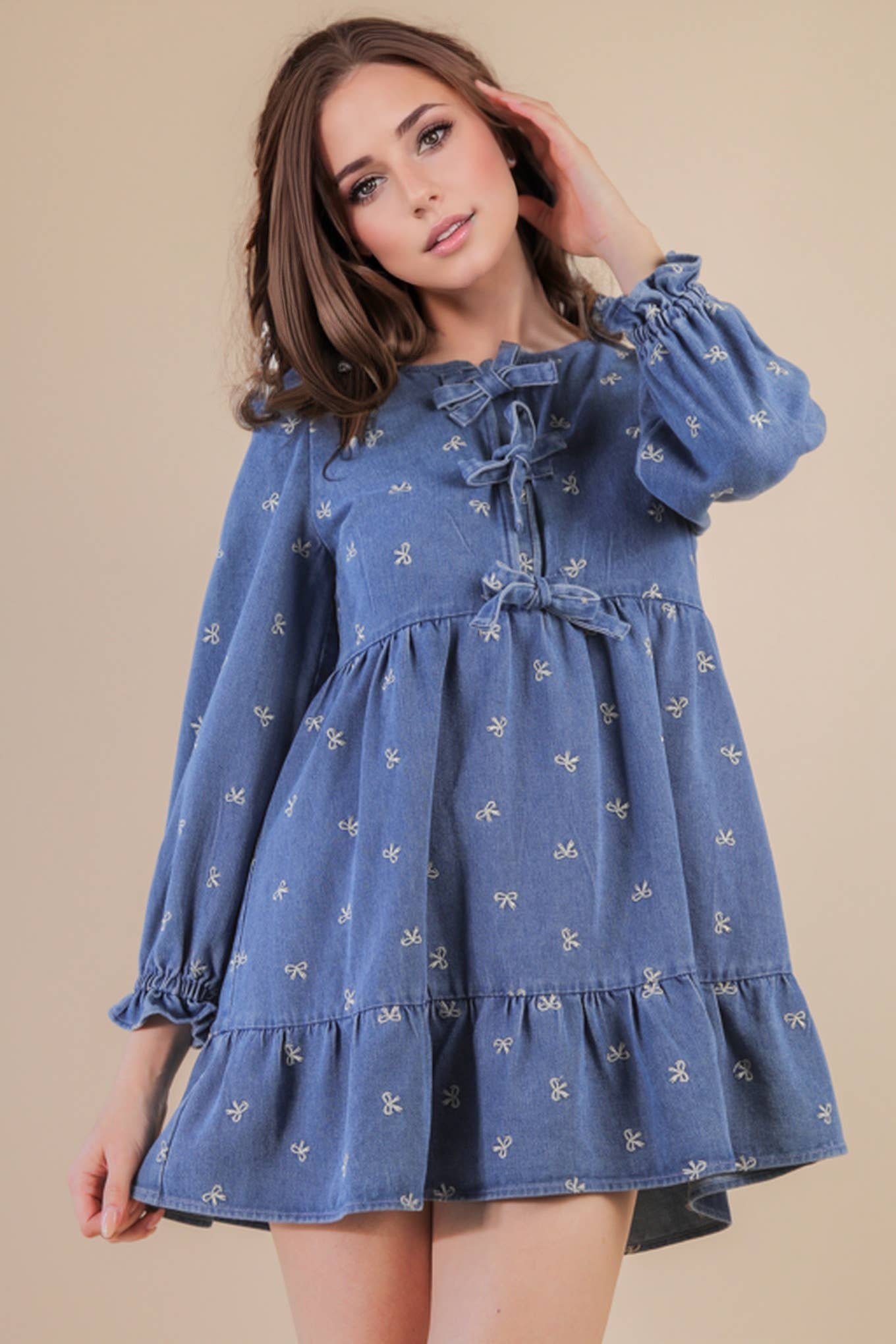 Soft Washed Denim Cherry Casual Mini Dress