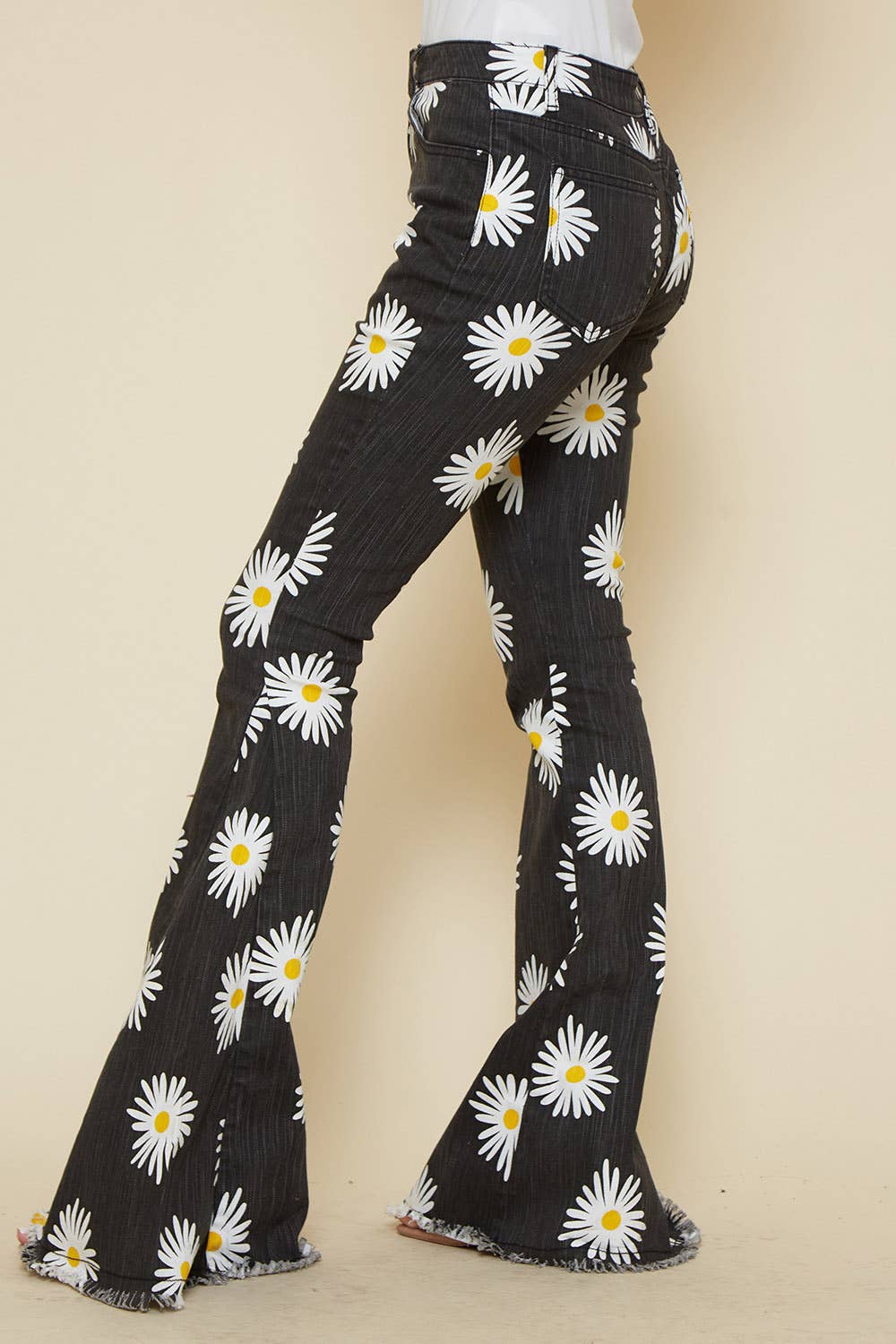 BLACK WASH WESTERN DAISY PRINT DENIM FLARES