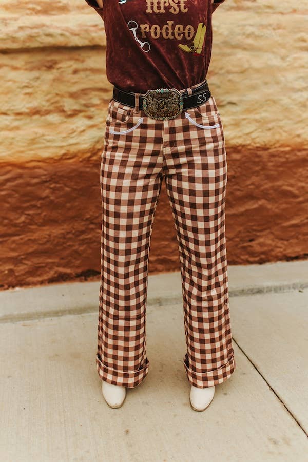  Brown Plaid Western Arrow Pocket High Rise Wide Leg Jeans
