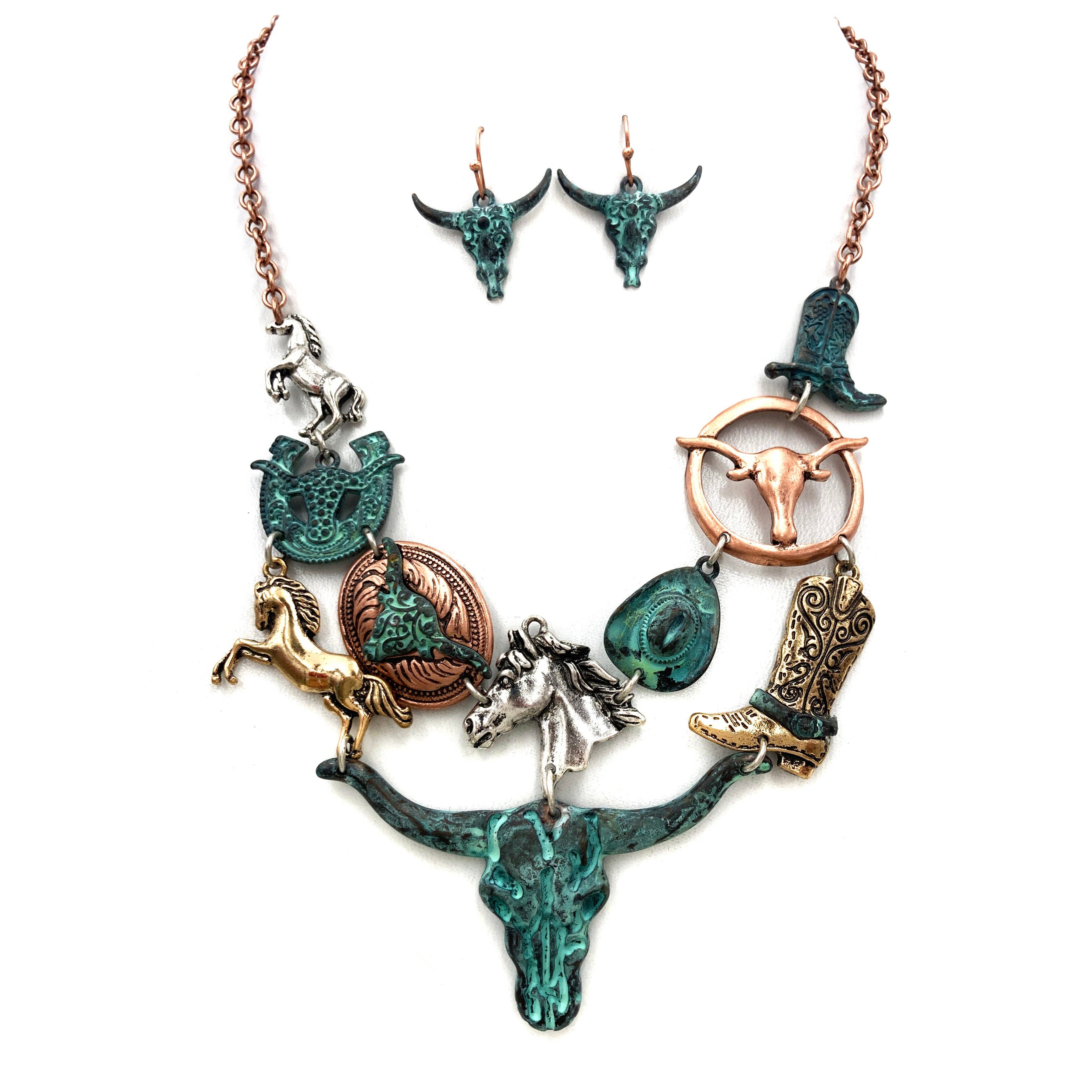 Patina Longhorn Horse Mix Metal Western Necklace Set