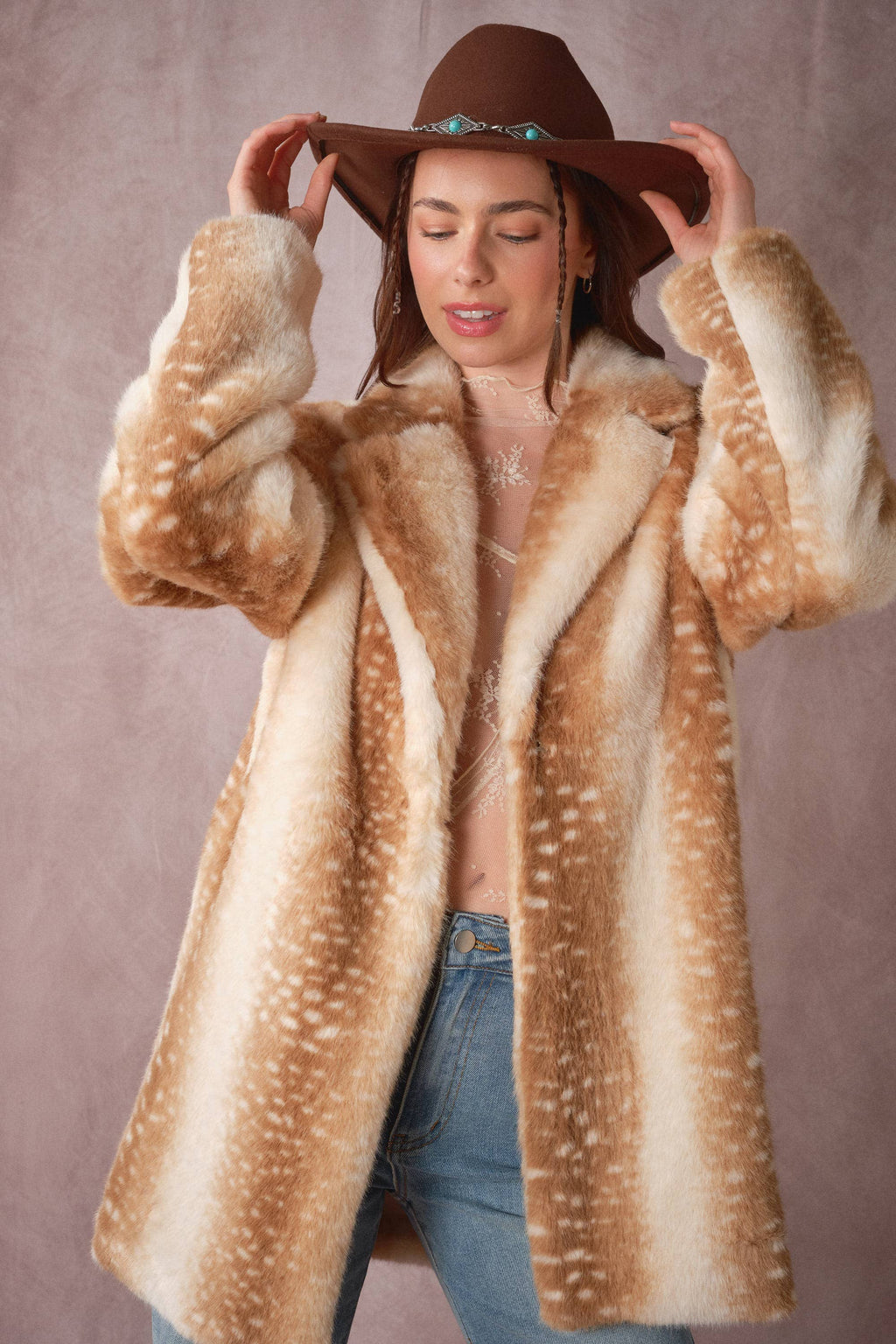 Deer Print Faux Fur Coat