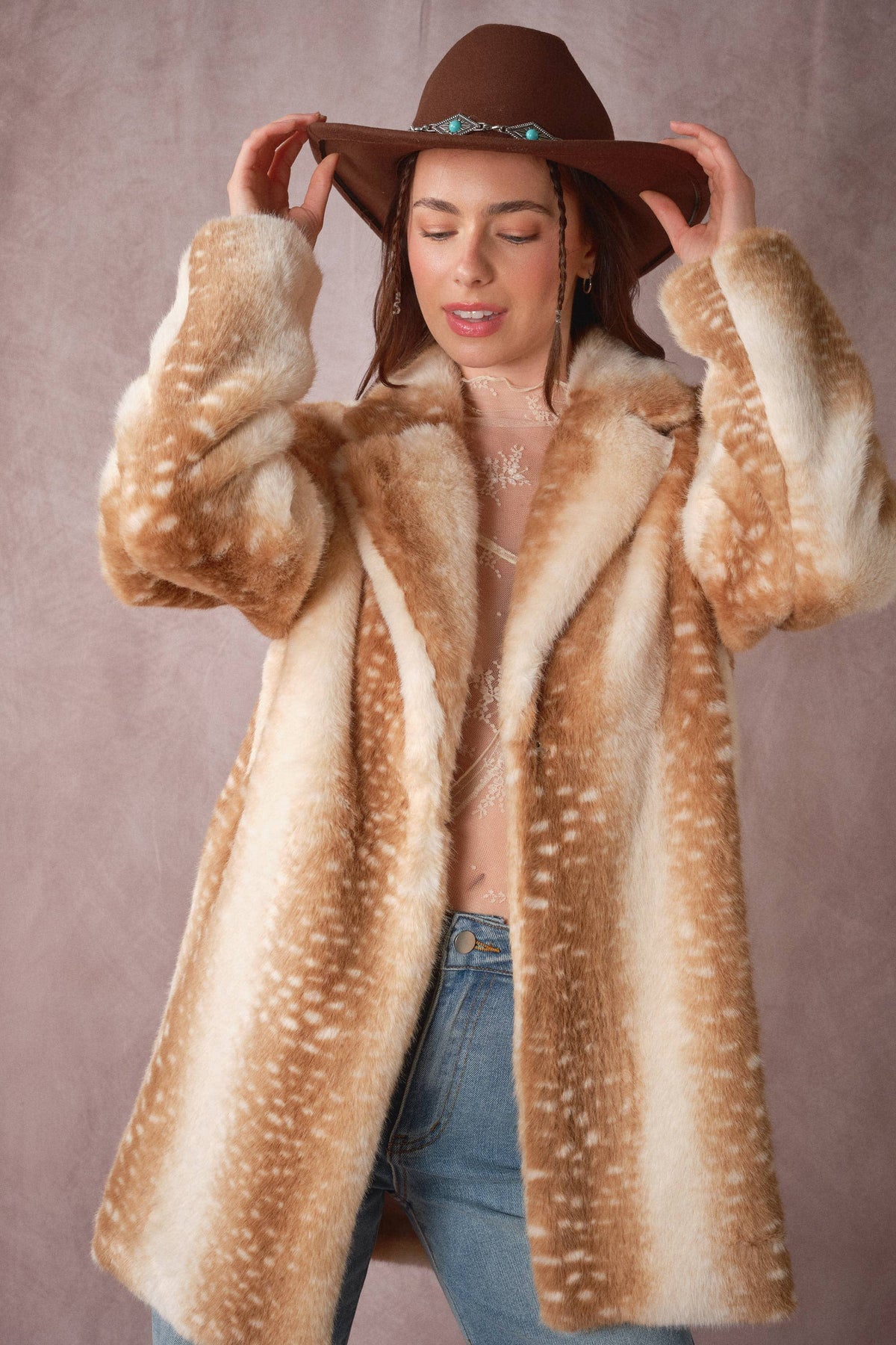 Deer Print Faux Fur Coat