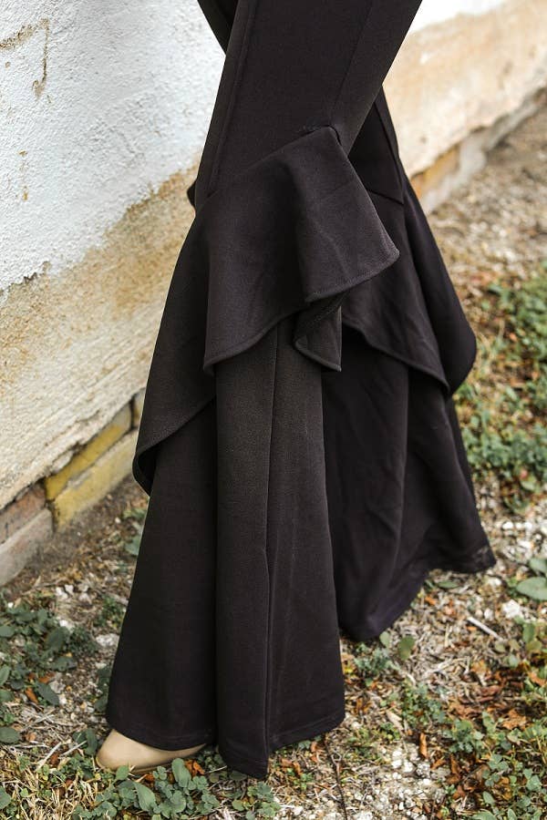 Black Stretchy Flare Pants With Ruffle