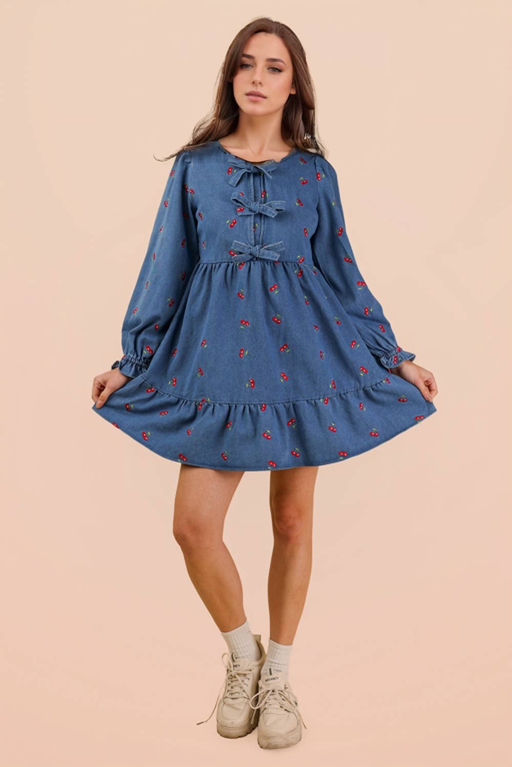 Soft Washed Denim Cherry Casual Mini Dress