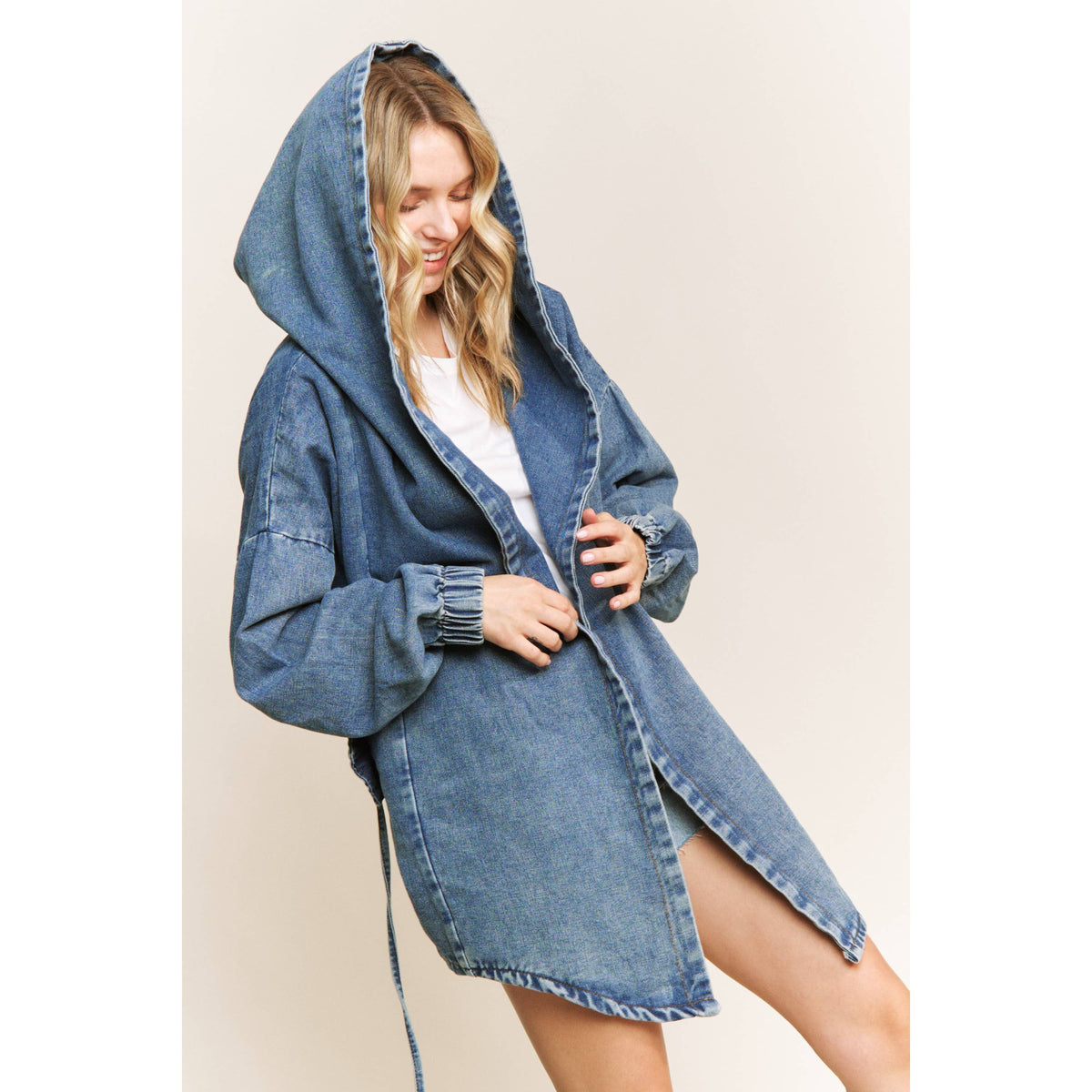 VINTAGE DENIM WASHED HOODED COAT SHACKET