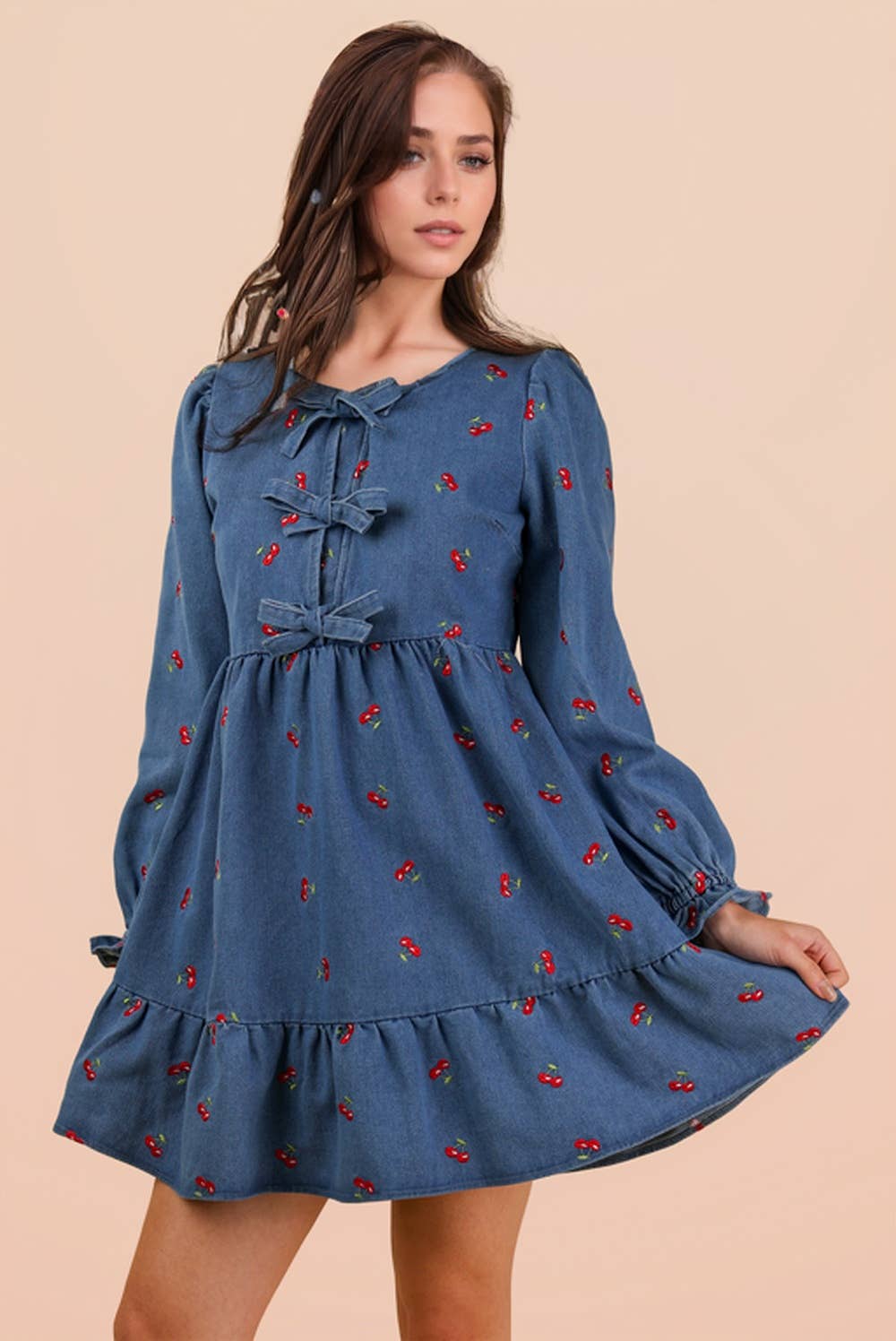 Soft Washed Denim Cherry Casual Mini Dress
