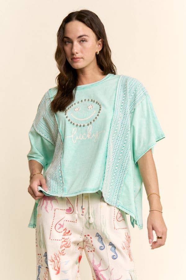 Lucky Smiley Pearl Embellished Boxy Tee