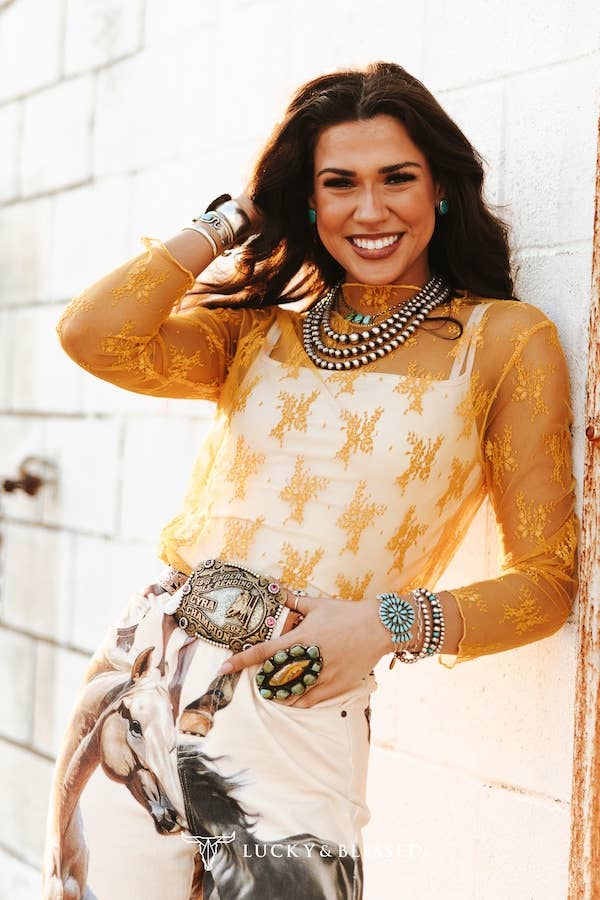Mustard Lace Long Sleeve Stretch Top
