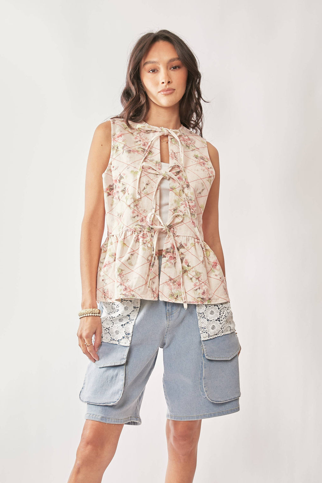 Garden Floral Print Tie Front Peplum Vest Top