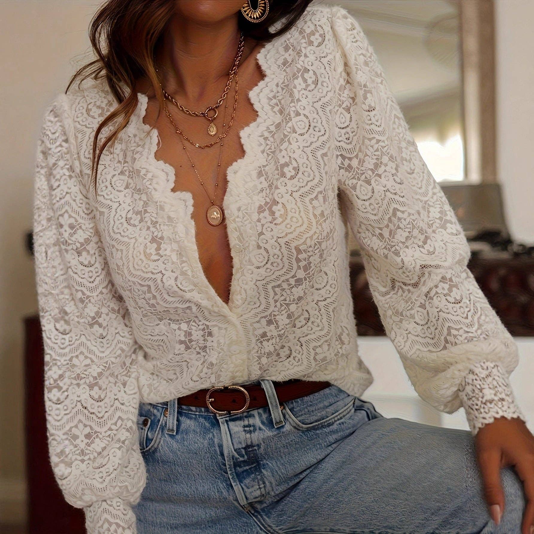 Solid Color Long Sleeve Sheer Panel  V-Neck Lace Blouse