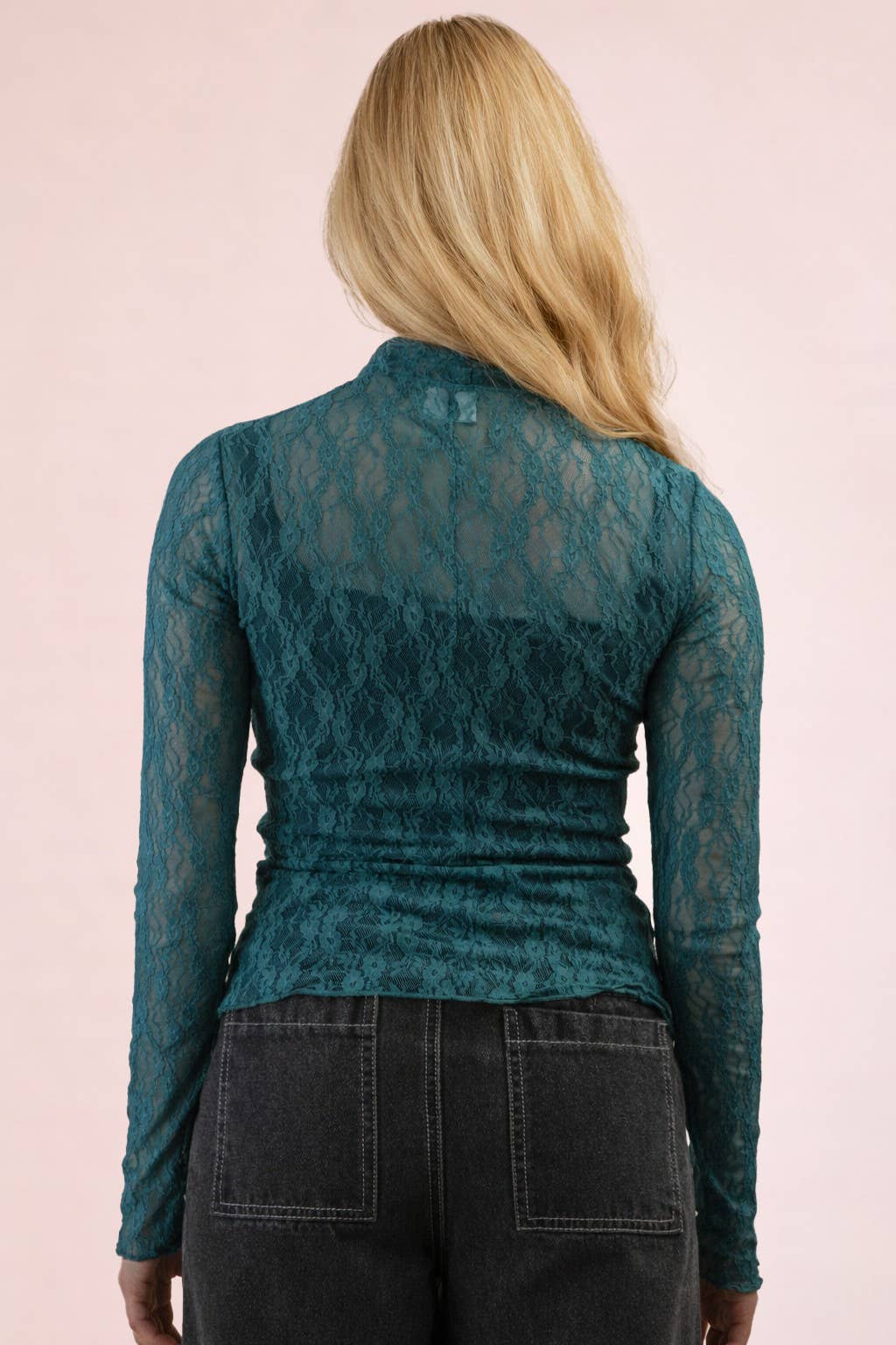High Neck Fitted Sheer Mesh Lace Knit Top
