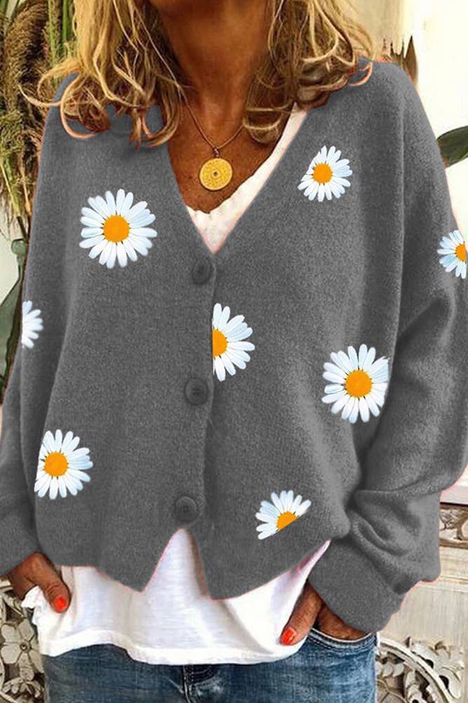 Daisy Pattern Buttons Front V-neck Cardigans