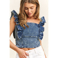 DENIM SQUARE NECK RUFFLE SLEEVES FITTED CROP TOP