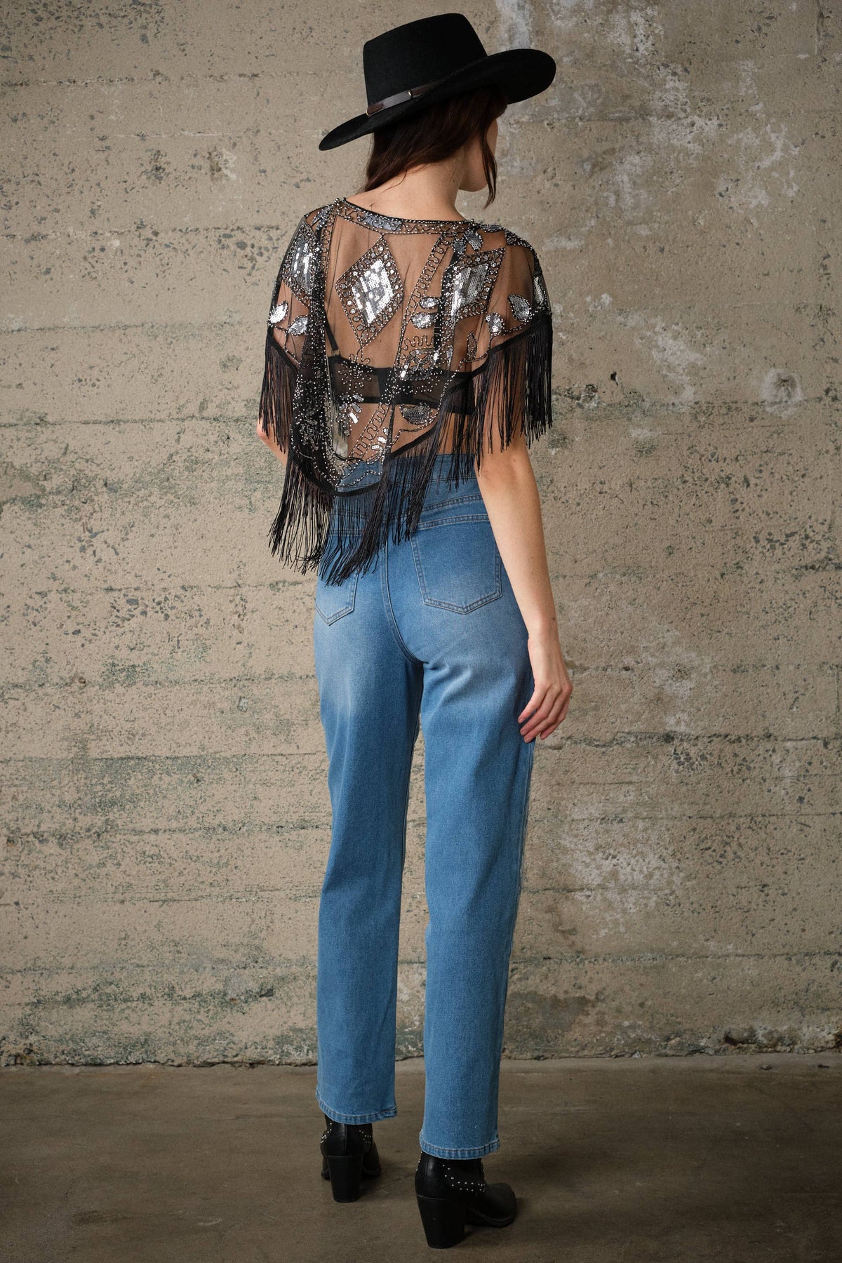 Sequin Beaded Fringe Mesh Cape