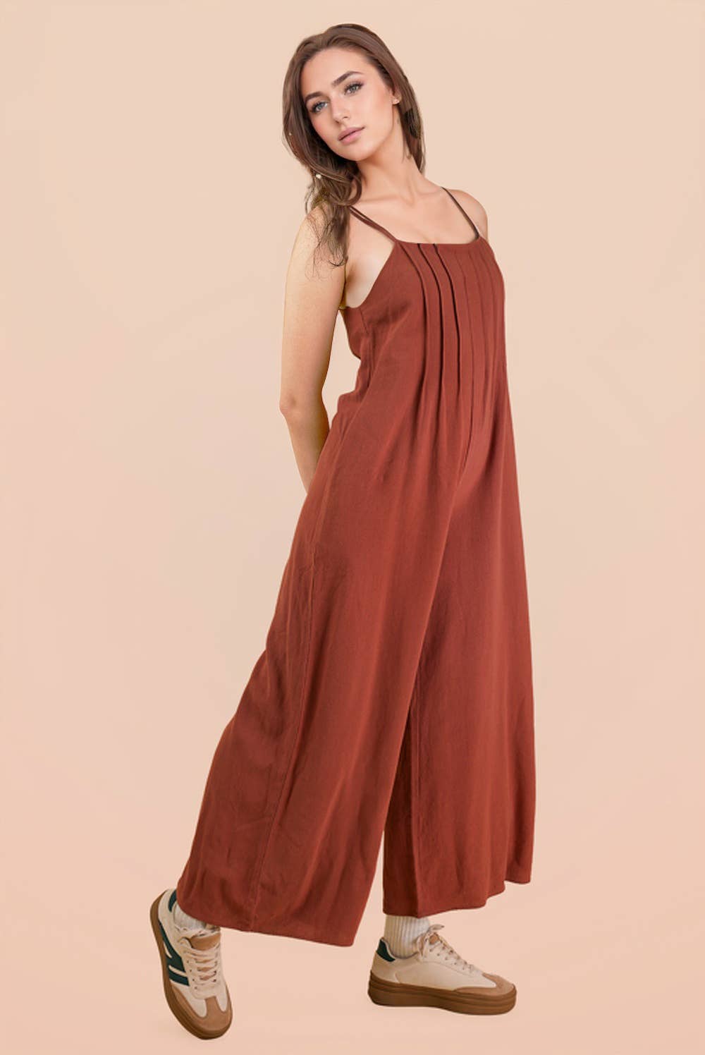 Pleated Solid Woven Sleeveless Jumpsuit