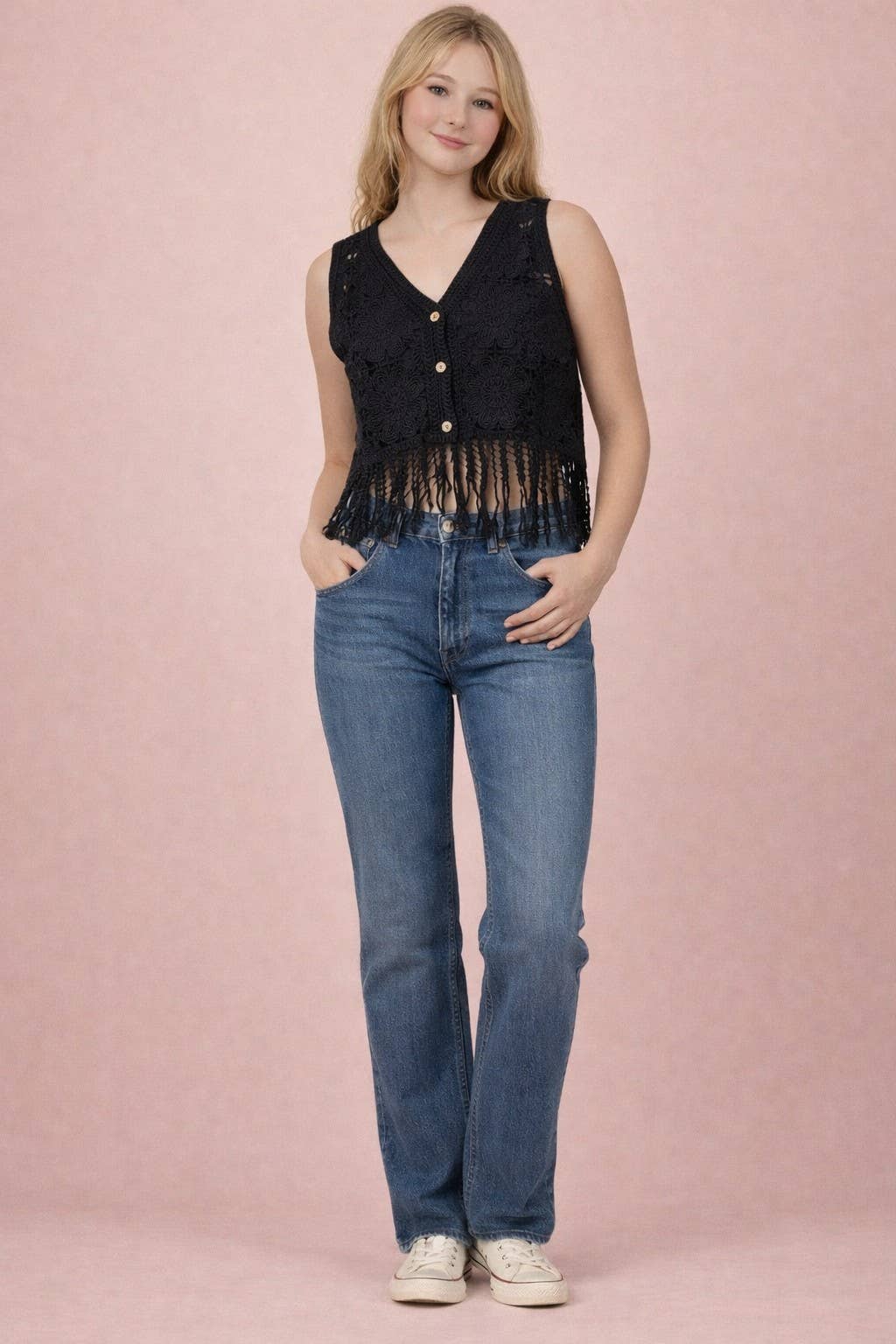 NT12528-Fringe Hem Floral Crochet Sleeveless Top