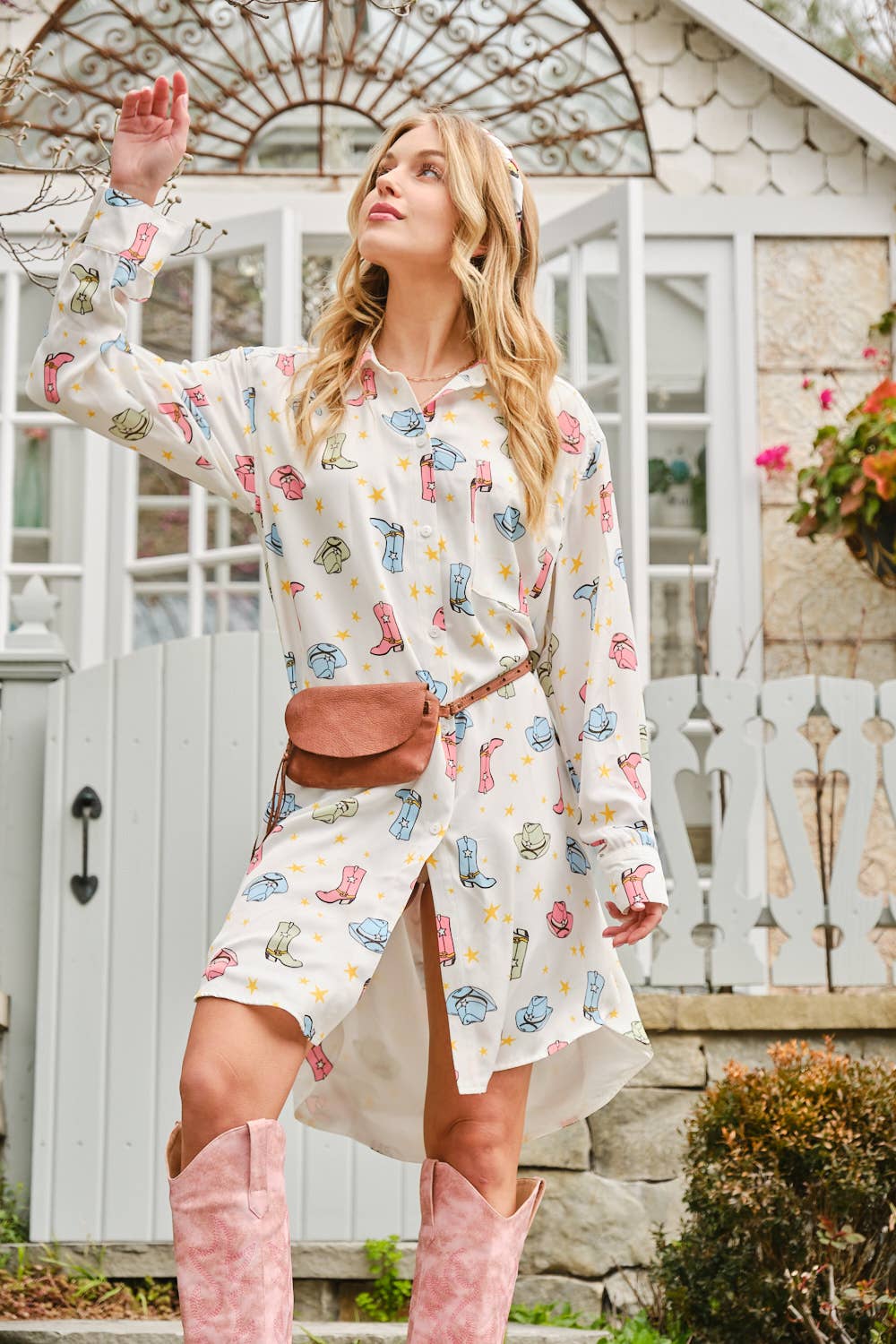 Satin Cowboy Hat Boots Print Shirt Dress