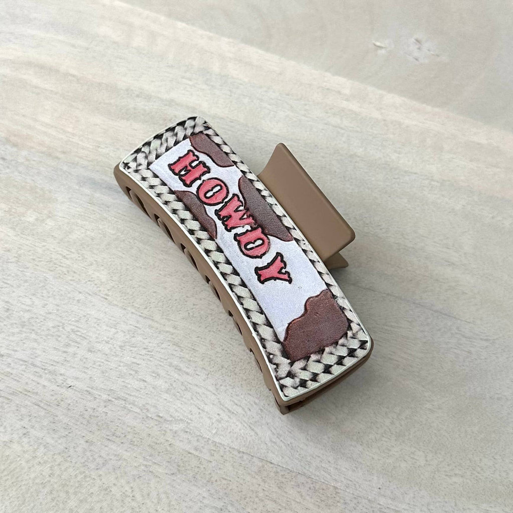 Western Hair Clip Leather Claw Pink "Howdy"