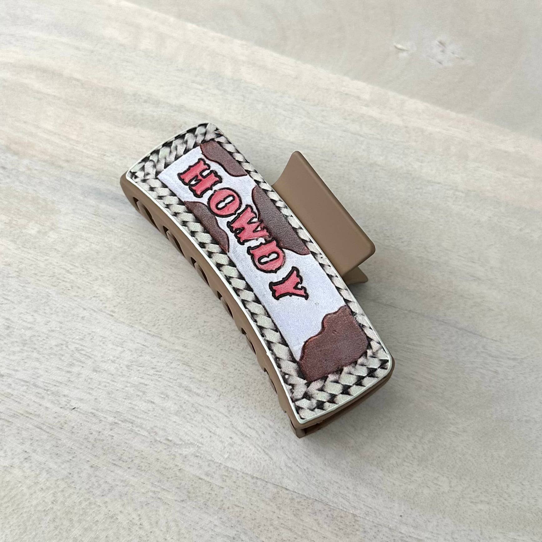 Western Hair Clip Leather Claw Pink "Howdy"