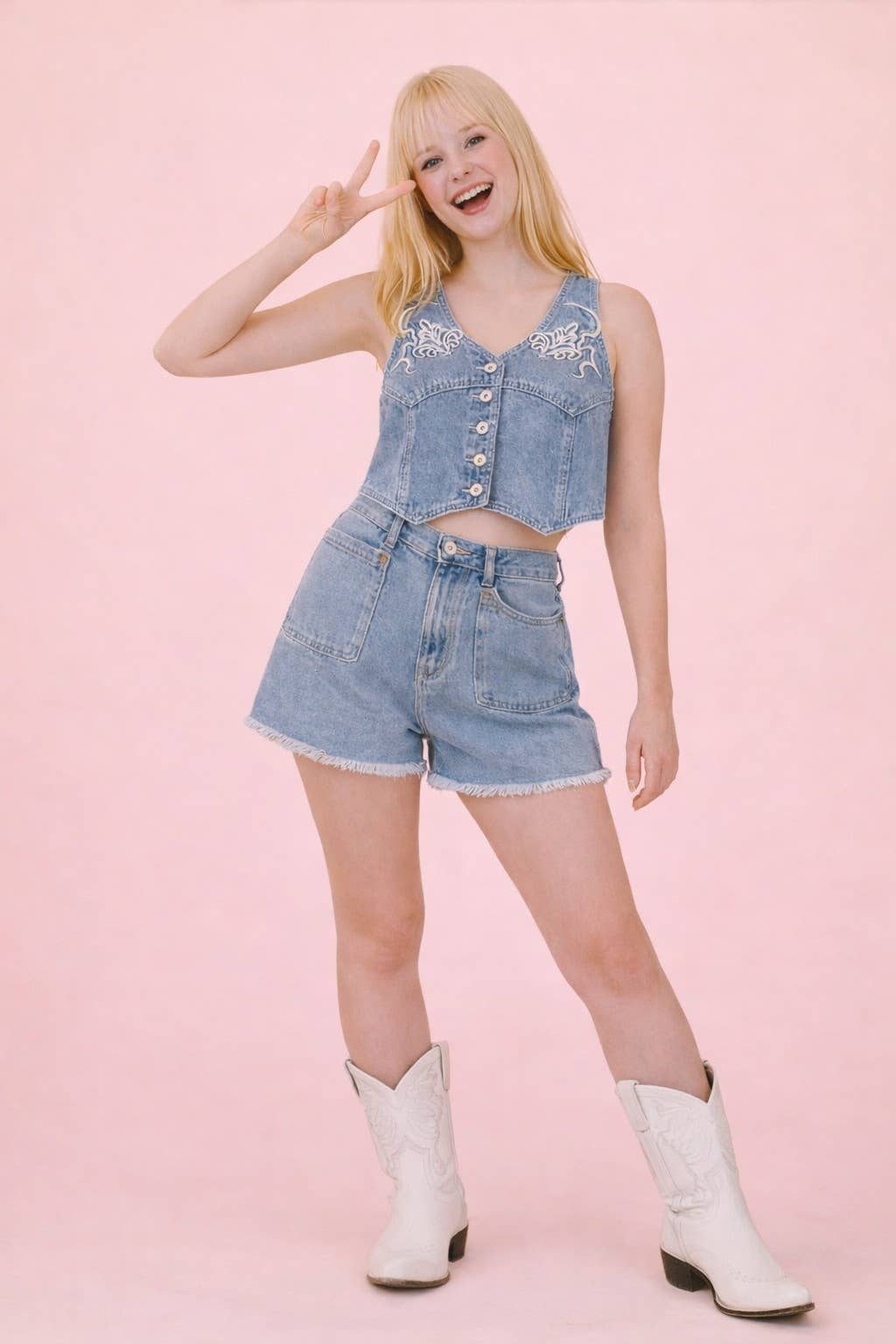 VERY JEAN Washed Denim Embroidery Vest