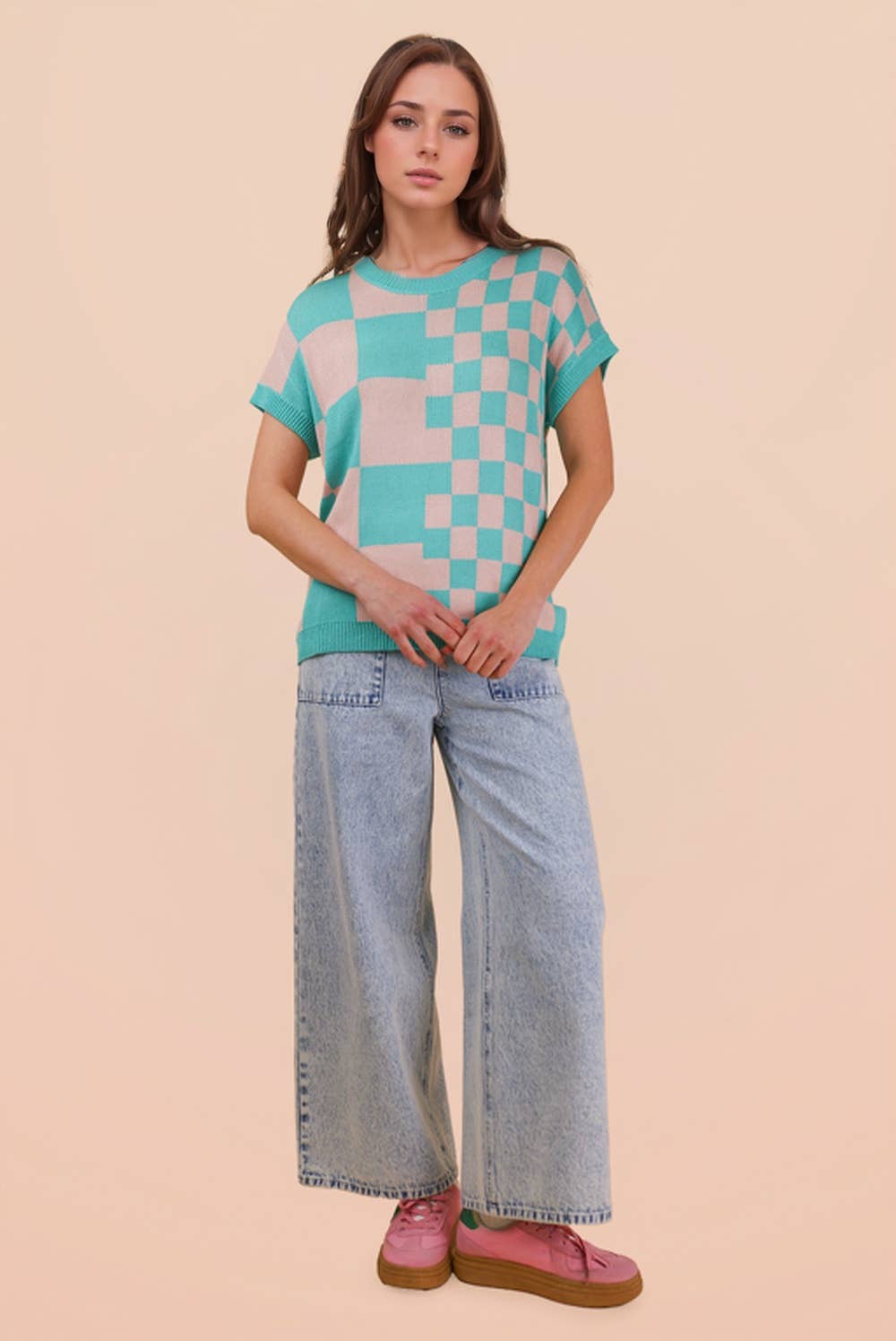 Dolmen Sleeve Checkered Knit Casual Sweater Top