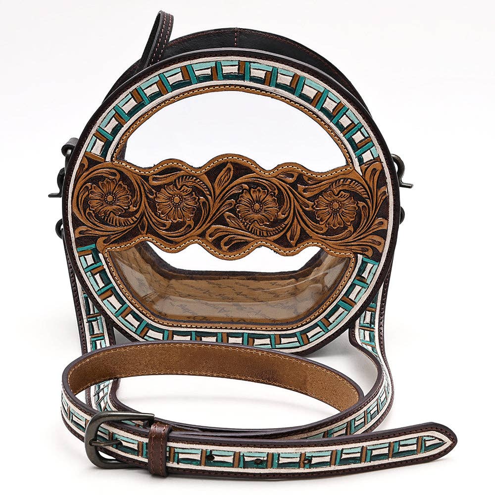 Clear Canteen Western Bag with Hand-Tooled Leather & Turquoise Inlay | American Darling