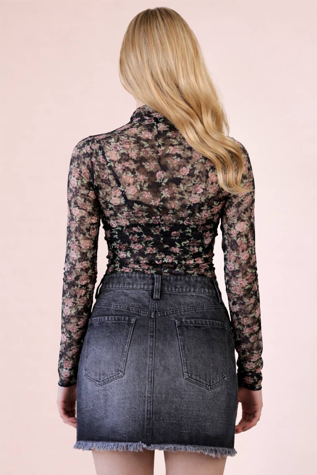 High Neck Fitted Sheer Mesh Lace Knit Top