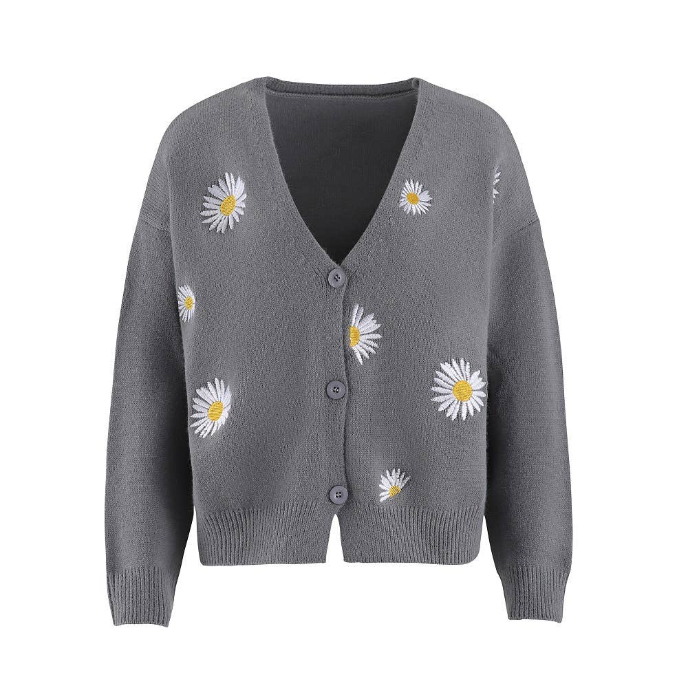 Daisy Pattern Buttons Front V-neck Cardigans
