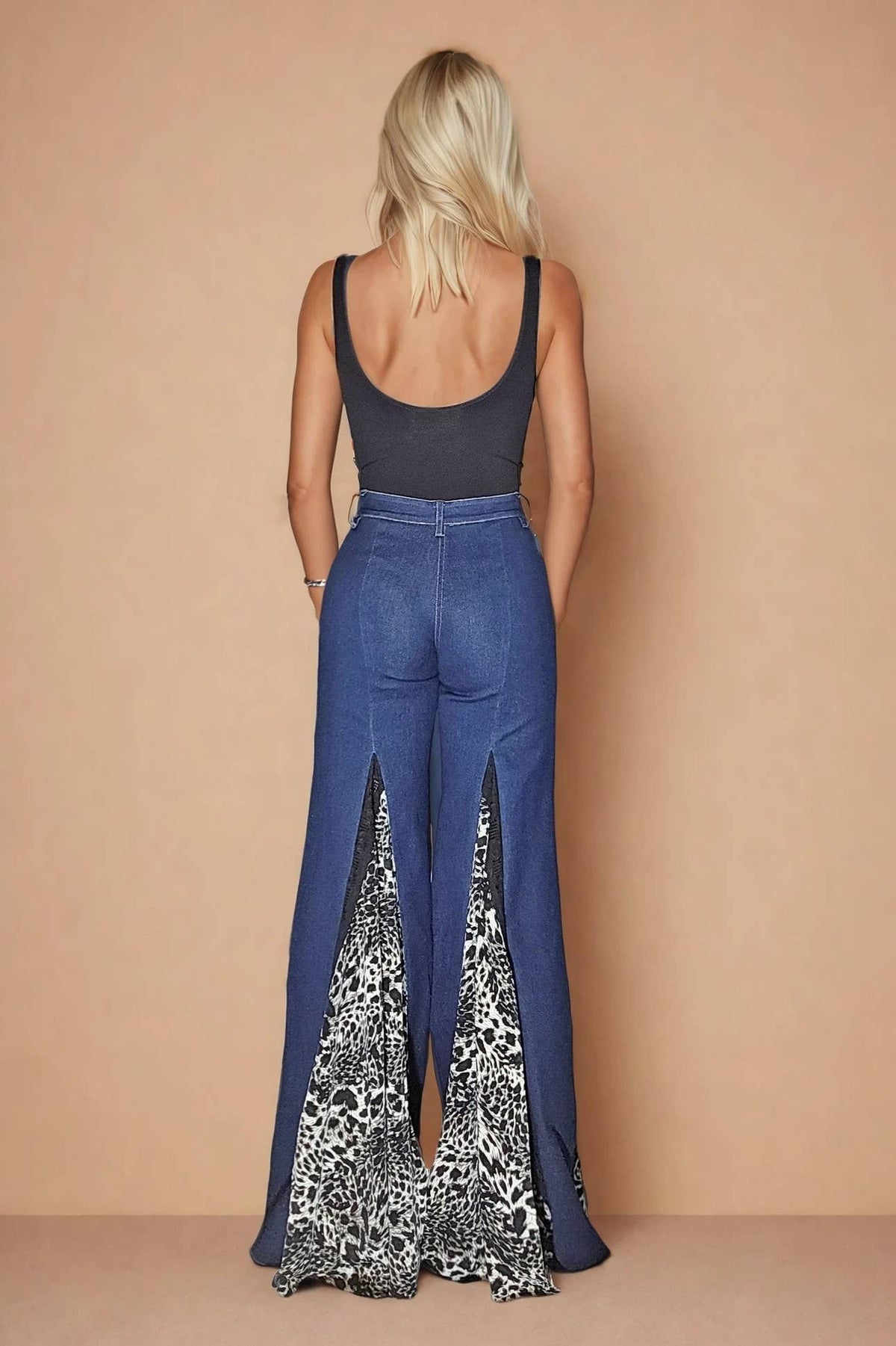 LEOPARD AND LACE WIDE LEG BOHO DENIM JEANS